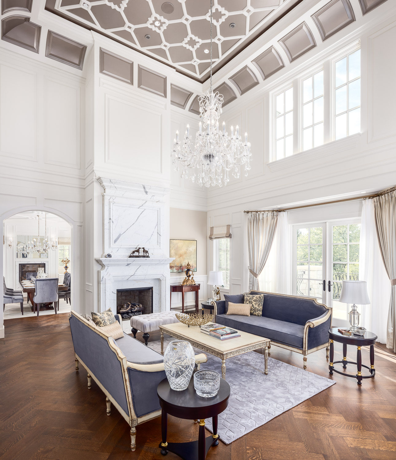 Large formal living room with chandelier